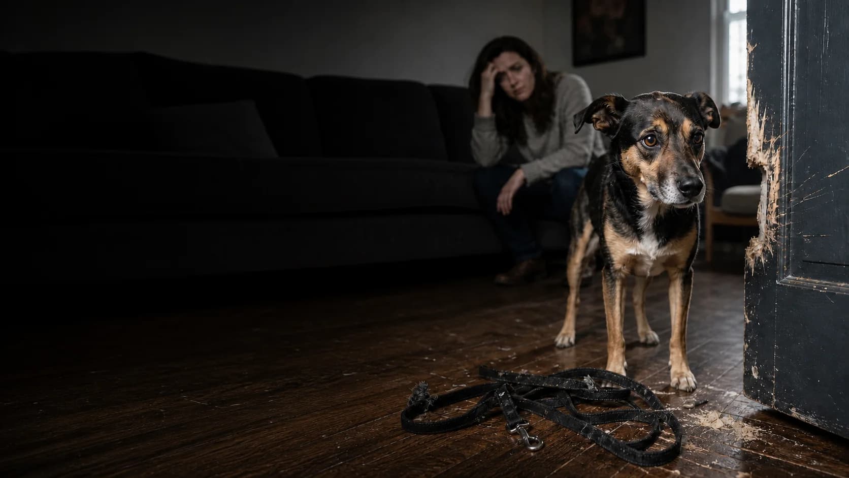 Perro inquieto junto a una puerta dañada mientras su dueña observa preocupada